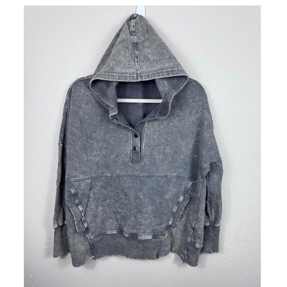 Zenana Pullover Hooded White Washed Charcoal Top Womens Size Large